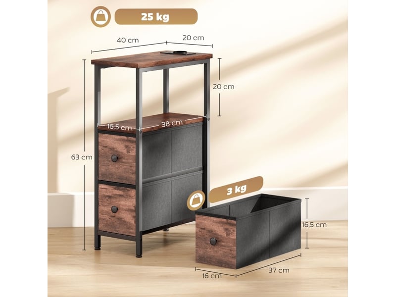  Table d'appoint 40x20x63 cm avec station de charge, style industriel, panneau de particules et métal, marron rustique  - Conforama C