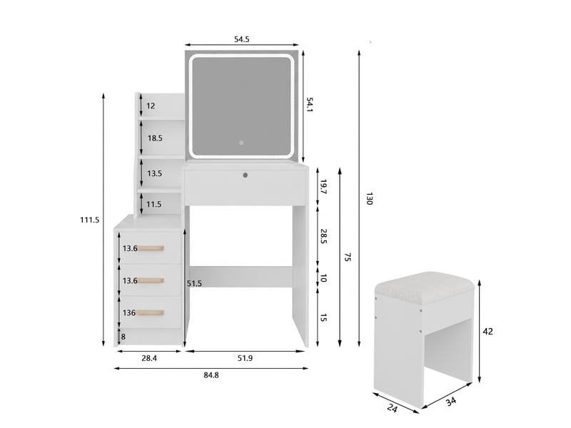  Coiffeuse avec miroir led, avec tabouret et 4 tiroirs, panneaux de particules, meuble coiffeuse chambre moderne l85xh130 cm, blanc  - Conforama E