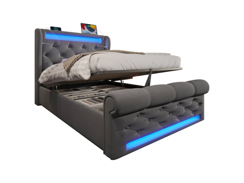  Lit simple 90x200 cm, lit enfant avec éclairage led, tête de lit et ports usb et type-c, sans matelas, velours, gris  - Conforama A