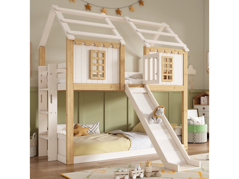  Lit superposé cabane enfant 90x200 cm, lit en bois, toboggan, échelle réversible, garde-corps, sommier (sans matelas), blanc et bois naturel CozyNest - Conforama D