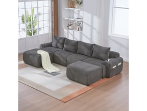 Canapé modulable 4 places 333x174x80 cm, poche latérale, porte-gobelet incorporé, personnalisable, velours côtelé gris foncé
