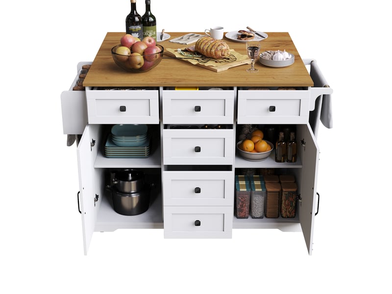  Îlot de cuisine 147x44(70)x93 cm avec 6 tiroirs et plateau pliable, bois et blanc  - Conforama A