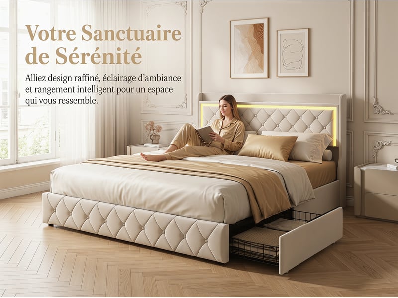  Lit coffre capitonné 140 x 190 cm - avec espace de rangement - led, ports usb et type-c -  velours  - Conforama E