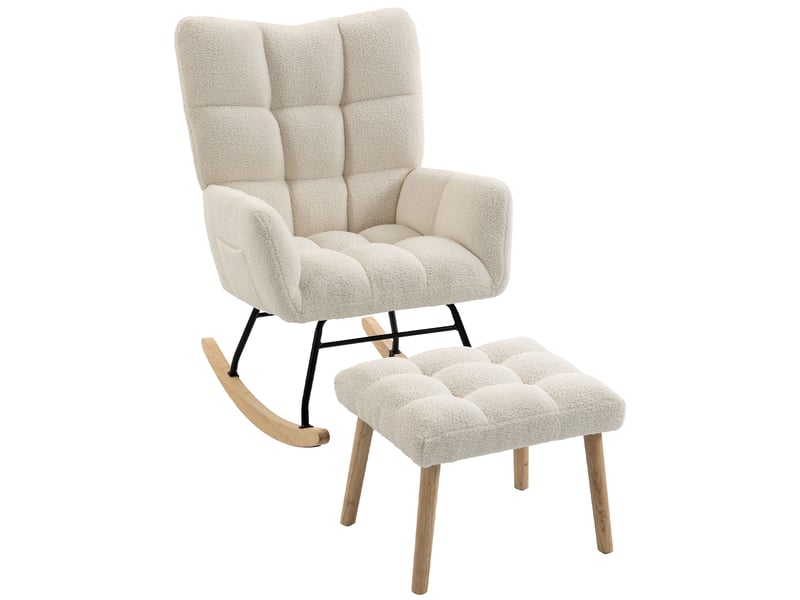Fauteuil à bascule sherpa avec repose-pieds, poches latérales, assise épaisse et matelassage, couleur crème - Conforama A