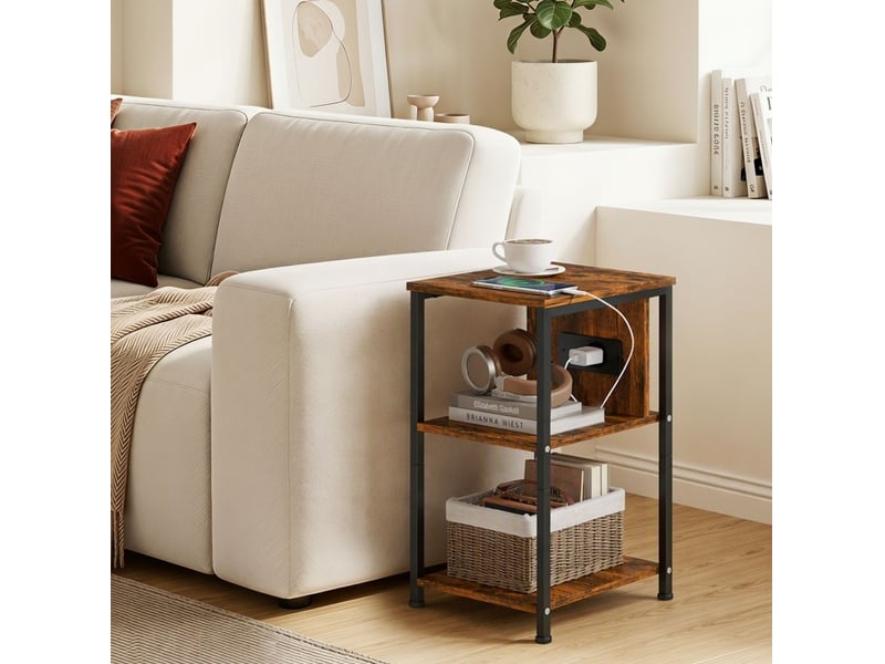  Table d'appoint avec station de charge, 2 étagères ouvertes, marron rustique et métal noir, 34 x 30 x 58 cm  - Conforama B