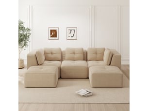 Canapé panoramique modulable 3 places velours côtelé beige – 297 x 177 x 69 cm