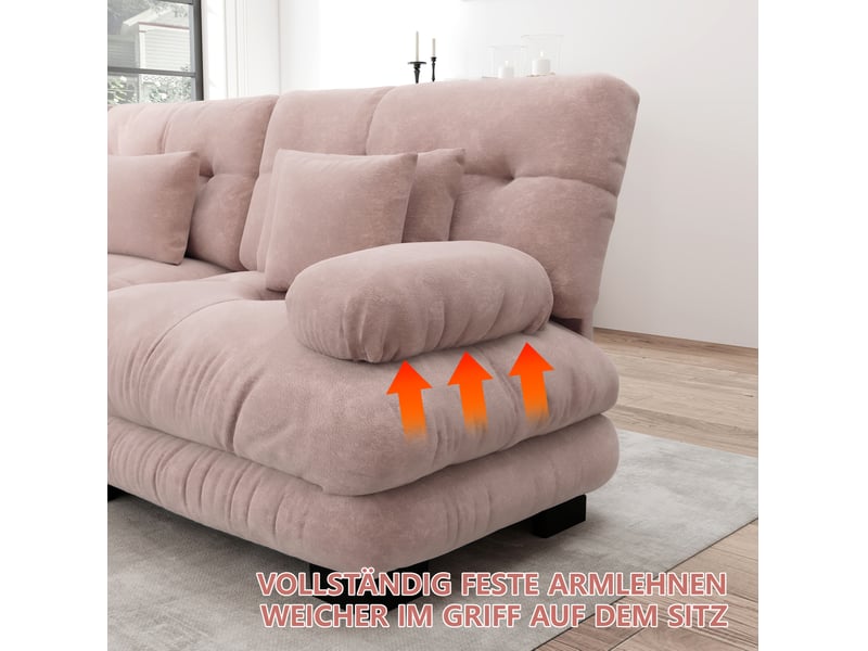  Canapé droit 220x77x81 cm 2 places, 2 coussins d’ameublement et accoudoirs, avec 2 coussins lombaires, chenille rose  - Conforama E