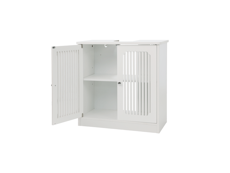 Meuble sous vasque blanc sans lavabo avec portes doubles et façade à lamelles - Conforama E
