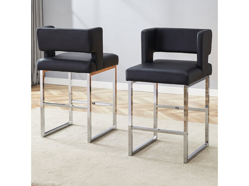  Tabouret de bar carré rembourré avec assise confortable et structure stable, en pu et métal, noir et argent  - Conforama C