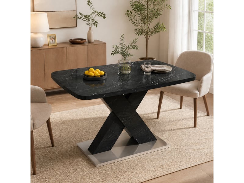  Table de salle à manger extensible en mdf et acier 120–160×80×76,5 cm noir marbre imprimé  - Conforama B