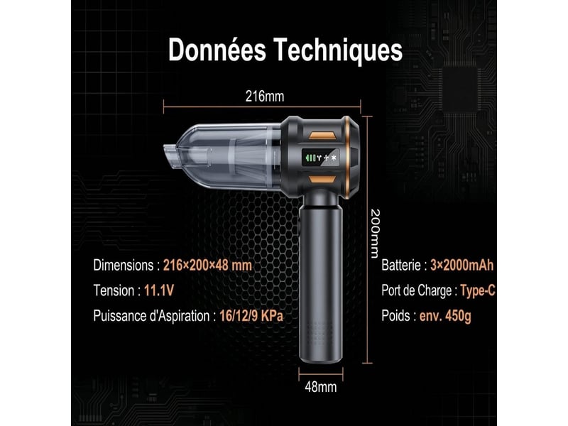  Mini aspirateur et souffleur sans fil 2 en 1 puissant 16000pa – dépoussiéreur électrique moteur brushless avec écran led et batterie rechargeable usb-c pour voiture et pc – noir  - Conforama E