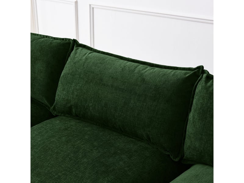  Canapé d'angle 3 places avec méridienne et hocker, tissu chenille vert, structure bois massif eucalyptus, design moderne  - Conforama D