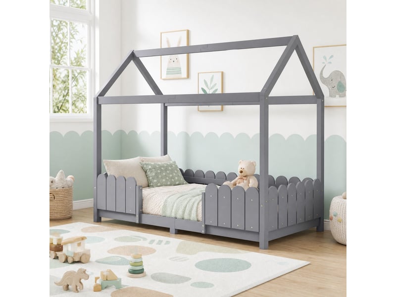  Lit cabane, lit simple avec toit, barrière et 15 lattes, 200×90 cm, sans matelas, en bois massif, gris  - Conforama C