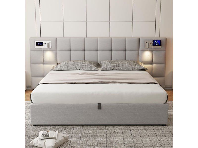  Lit coffre 180x200 avec charge sans fil, lampe et port usb - lit rembourré - sommier inclus, grand rangement hydraulique, lin gris  - Conforama E