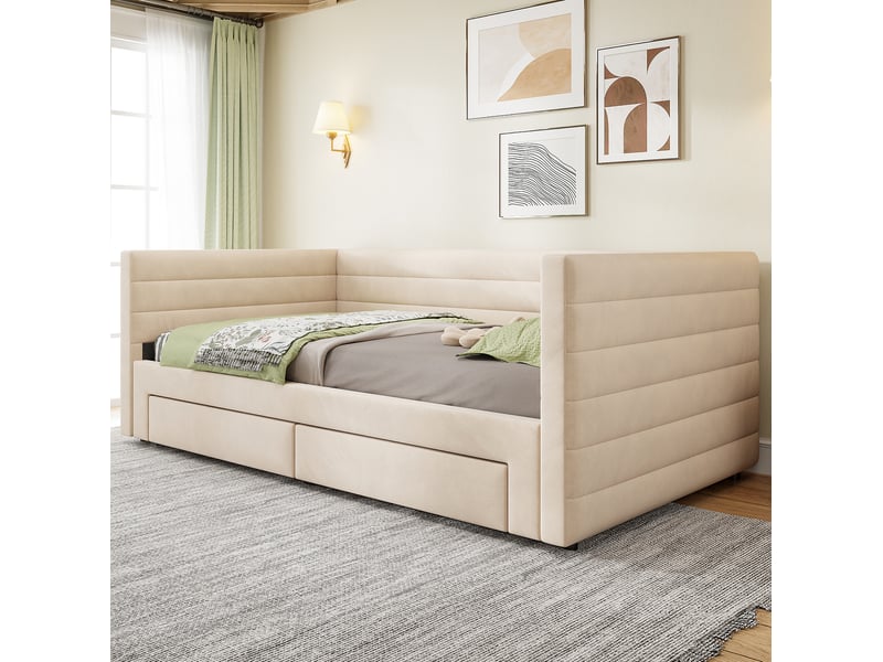  Lit 3-en-1 évolutif, 90x190 cm, espace nuit, avec tiroirs pratiques, matelas non inclus, mdf et métal, coloris beige  - Conforama E