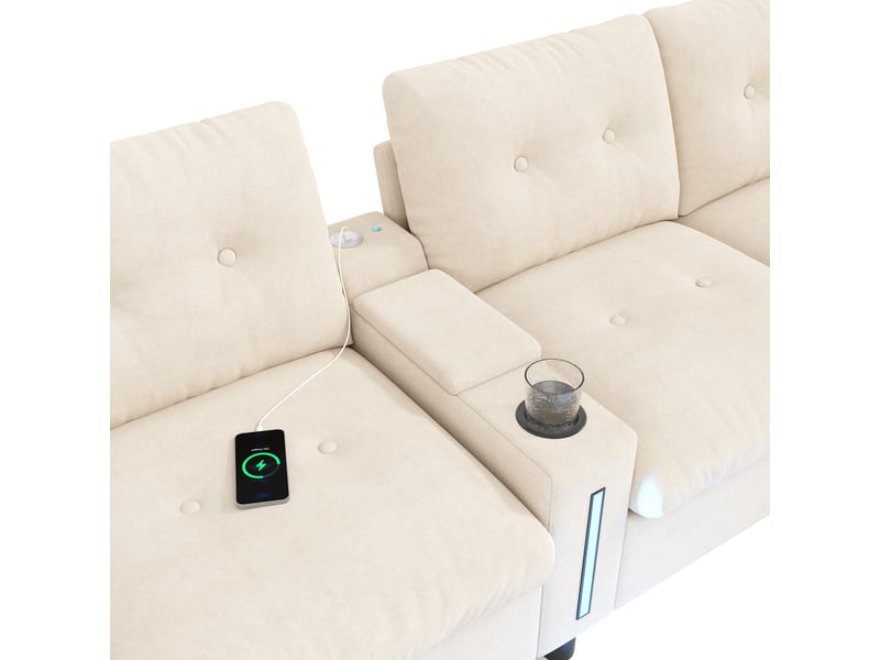  Canapé d'angle modulable 6 places 312 cm en chenille beige, 2 poufs coffres, console led et usb-c Fay Lum - Conforama E