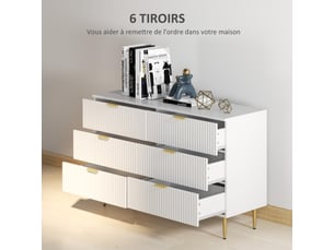 Commode 6 tiroirs commode chambre meuble de rangement moderne avec poignées et pieds dorés, blanc, 120 x 40 x 76,5 cm