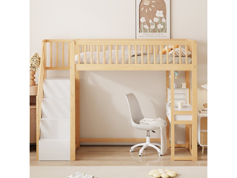  Lit mezzanine en bois 90 x 200 cm multifonctionnel avec bureau, échelle de rangement, coloris blanc et chêne clair  - Conforama D