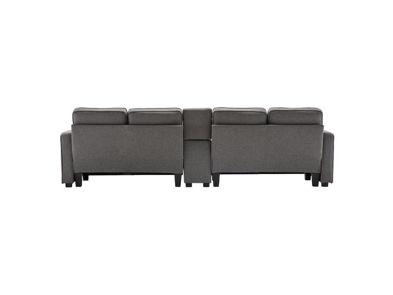  Canapé 4 places 290x83x88cm, poches de rangement, ports usb avec câbles, 2 portes-boissons et 4 coussins, lin gris foncé  - Conforama E