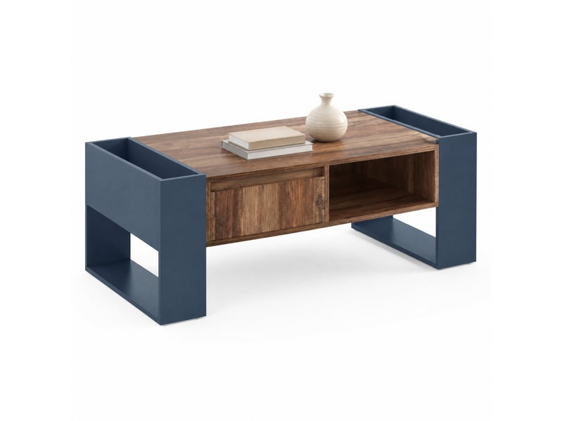  Table basse avec un tiroir sans poignée et des rangements sur les deux côtés, effet bois et gris anthracite, 111 × 40 × 60 cm  - Conforama A