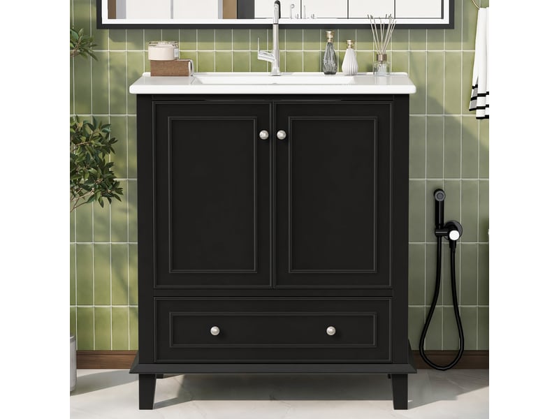  Meuble vasque sur pied noir, 76 x 46 x 87 cm, en mdf et céramique, avec pieds en bois massif et vasque intégrée  - Conforama E
