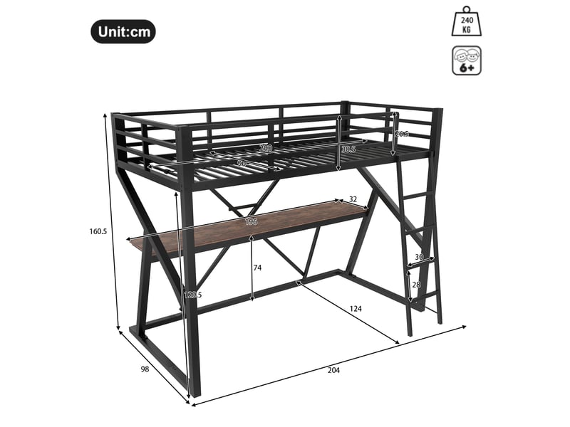  Lit mezzanine enfant 90x200 cm avec bureau, led multicolore, garde-corps, échelle, métal mdf, noir sans matelas  - Conforama C