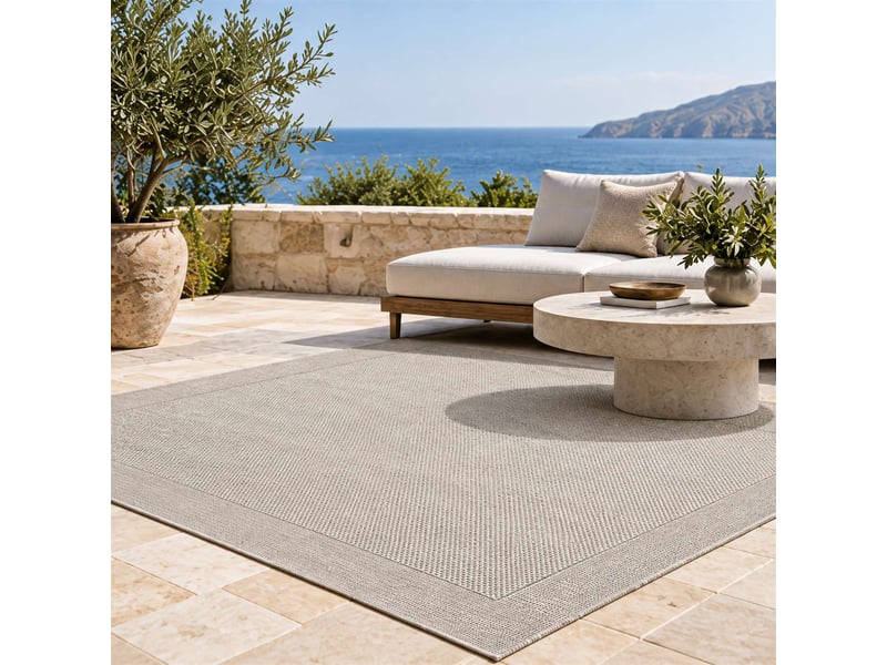  The white stone tapis extérieur avec bordure 200x290 cm gris | pour intérieur et extérieur, résistant aux uv et à l'eau, lavable | tapis en polypropylène tissé à plat effet sisal  - Conforama C