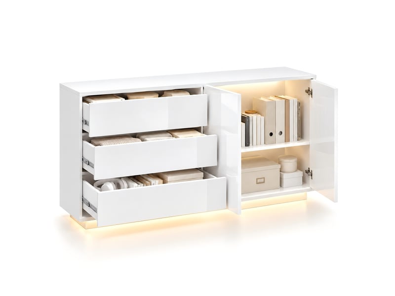 Kefsr buffet blanc brillant avec led - meuble tv & bahut moderne 2 portes 3 tiroirs, sans poignée, design laqué pour salon, salle à manger et entrée (160x35x76cm) - Conforama A