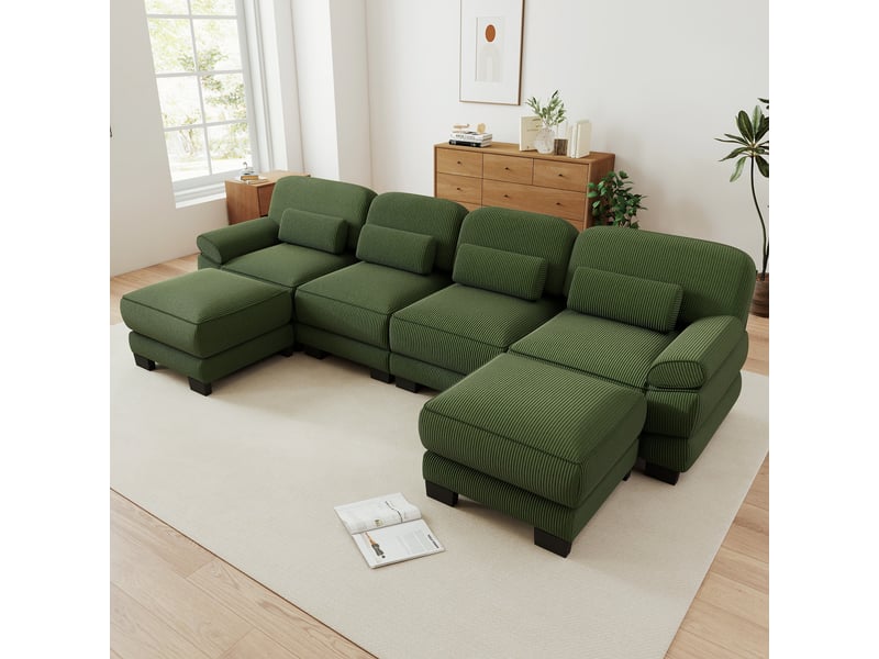  Canapé modulable en u - 4 places - 2 ottomans - velours côtelé - mobilier de salon - grand confort - assise confortable - vert CozyNest - Conforama B