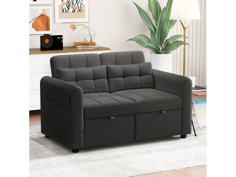  Canapé droit convertible 2 places gris en tissu avec usb, poches latérales et dossier réglable, gain de place  - Conforama E