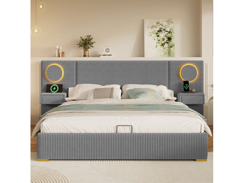  Lit double 180 × 200 cm avec coffre hydraulique, led et prises usb, en velours gris pour chambre 212,5 × 246,5 × 99,5 cm  - Conforama E
