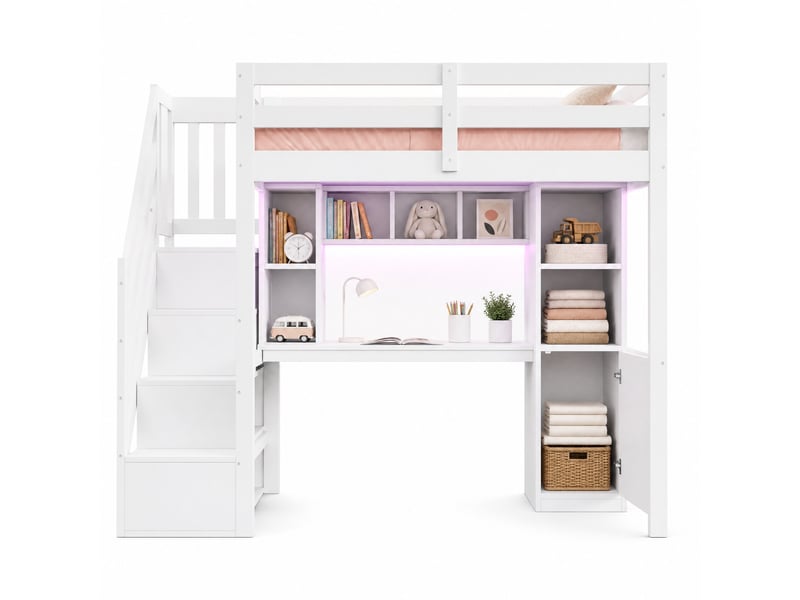  Lit mezzanine enfant simple 90×200 cm avec escalier, bureau et rangements - okmyhome- led et prises, sans matelas  - Conforama A