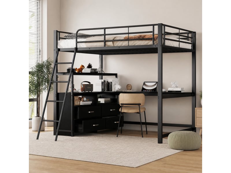  Lit mezzanine 140x200 cm en métal et mdf avec bureau en l et tiroirs, noir  - Conforama B
