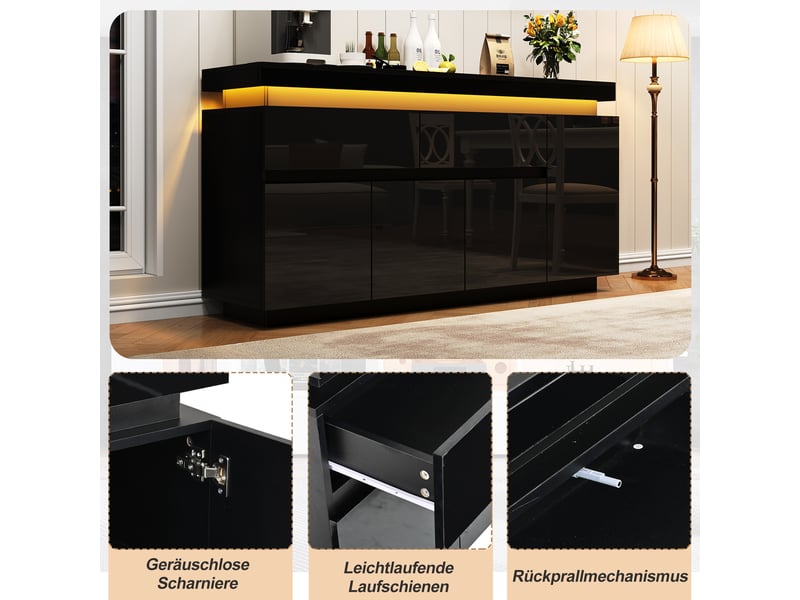  Buffet salon 140x35x72,5 cm noir, meuble bas avec 4 compartiments et 2 tiroirs, charge max 30 kg, design moderne  - Conforama E