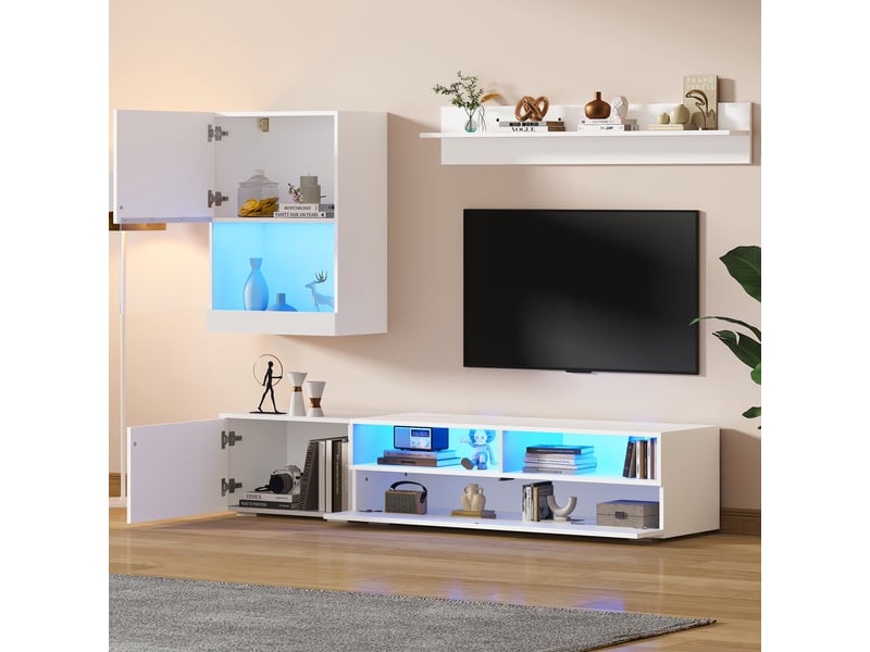  Meuble tv blanc brillant led 175x39x34 cm – ensemble 3 pièces avec vitrine, écran jusqu’à 80 pouces  - Conforama D