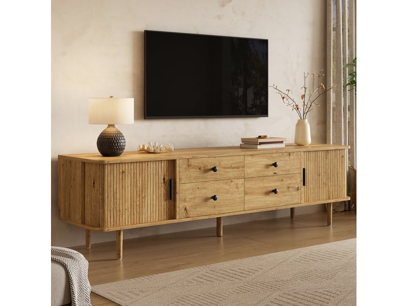 Meuble tv bas 165 x 40 x 46 cm – décor bois clair – 4 tiroirs, 2 portes coulissantes  - Conforama D