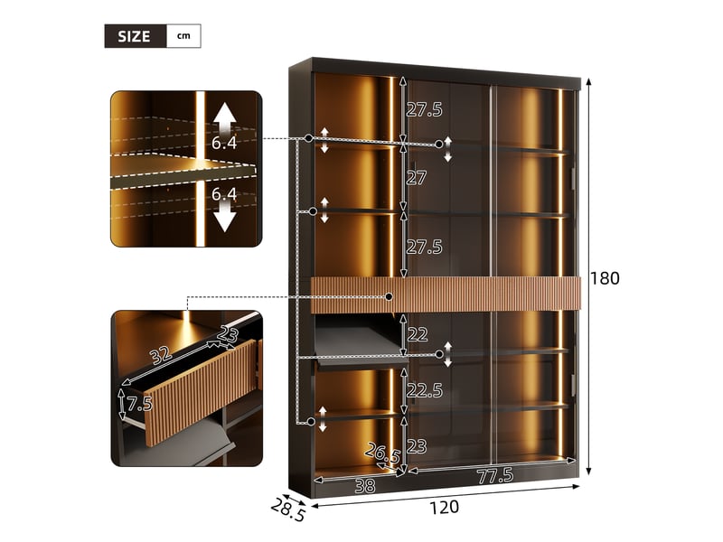 Vitrine 120 x 28,5 x 180 cm avec éclairage led, portes coulissantes en verre trempé, 3 tiroirs, tablette rabattable, salon, bureau, salle à manger - Conforama C
