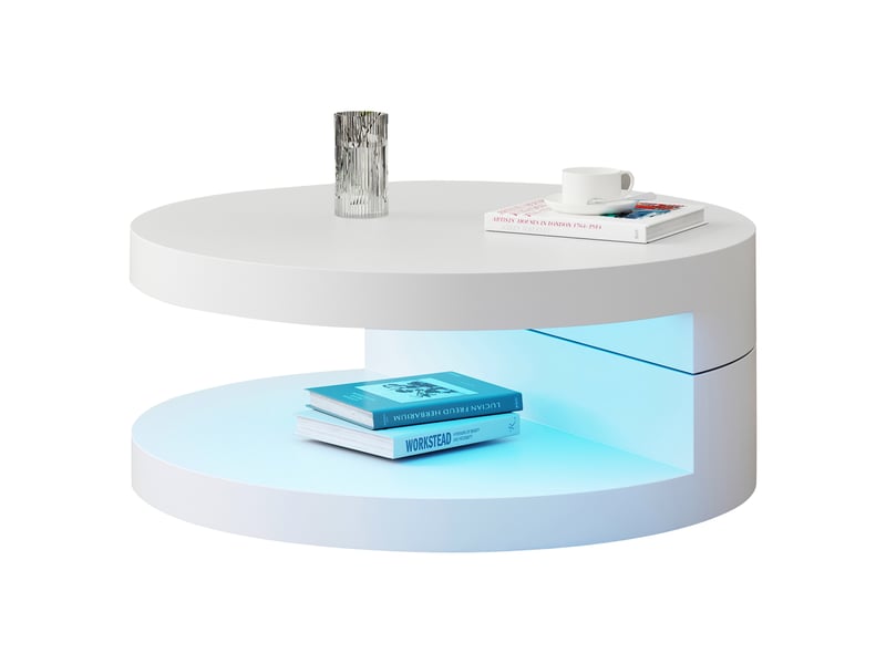  Table basse ronde blanche pivotante à 360 degrés avec éclairage led - mdf 70x70 cm double couche  - Conforama D