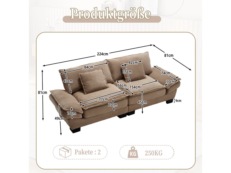  Canapé 2 places moderne kaki – sommier à ressorts et coussin d’appoint, spacieux et confortable  - Conforama C