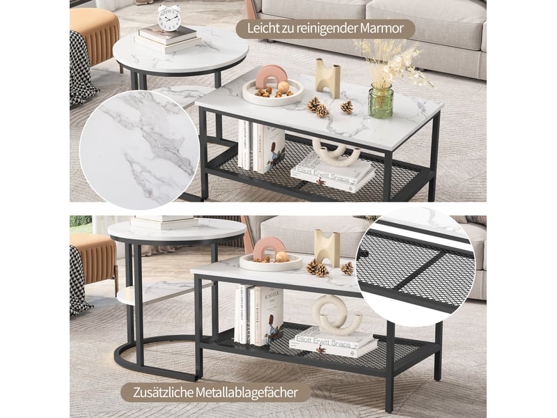  Lot de 2 tables gigognes noires en bois et acier inoxydable, effet marbre  - Conforama B