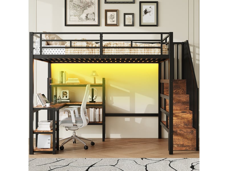 Lit mezzanine en métal 140x200 cm - avec bureau et échelle de rangement - port usb et éclairage led - noir (sanas matelas)  - Conforama B