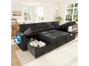 Canapé d'angle panoramique convertible <strong></strong> <strong></strong> 4 places Tissu gris avec coffre de rangement