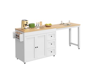Îlot de cuisine 116 à 179,5 x 45 x 89 cm blanc, mdf et métal, 3 tiroirs et plateau extensible
