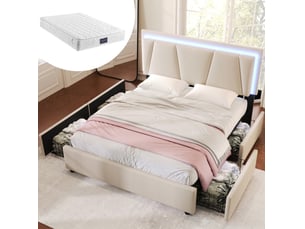Lit coffre 160 × 200 cm 2 places avec 4 tiroirs, led réglable, tête de lit ajustable et matelas inclus, beige