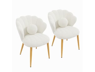 Lot de 2 chaises de salle à manger coquillage 60x62,5x83 cm, coussins ronds, tissu bouclette, pieds dorés, blanc
