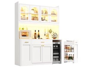Buffet de cuisine 120 cm avec led rgb, 3 vitrines en verre, tiroirs et rangements coulissants, blanc