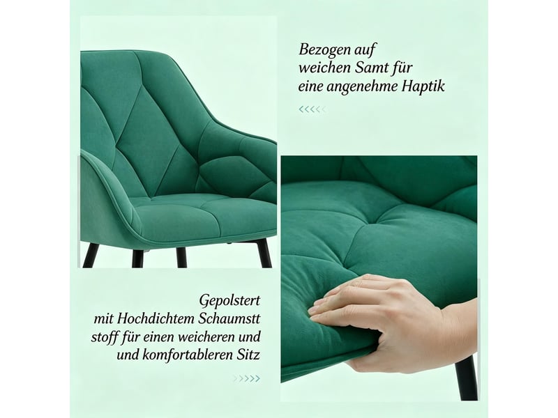  Chaises de salle à manger lot de 2 avec dossier ergonomique  - pieds en métal, velours turquoise  - Conforama E