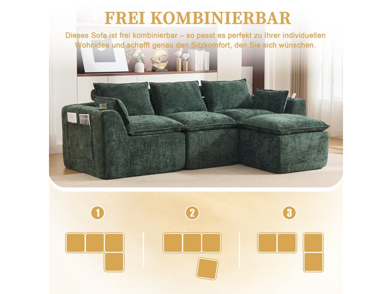 Canapé modulable 3 places 256x161x75 cm vert en chenille, 1 pouf, coussins, porte-gobelets, 2 poches, assise mousse et ressorts - Conforama C