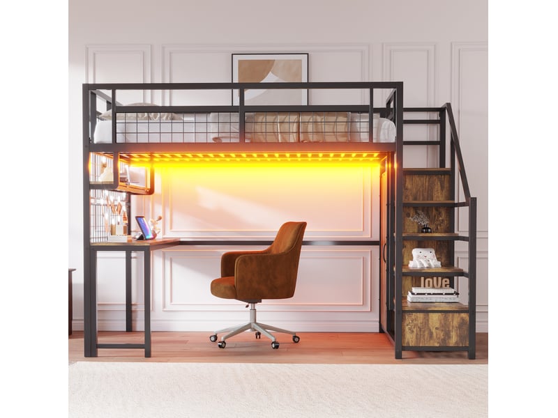  Lit mezzanine 140x200 cm avec bureau, rangements et éclairage noir  - Conforama E