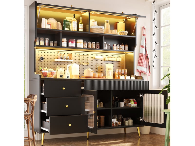  Armoire haute avec porte relevable, led rgb, tiroir et étagères en verre pour cuisine, noire, 145 × 39 × 171 cm  - Conforama C